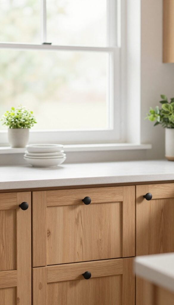 Oak kitchen cabinets with matte black hardware, natural light, clean countertop