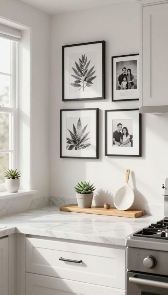 Kitchen gallery wall with black-and-white prints and photos in black frames, small shelf with succulent below, bright natural light