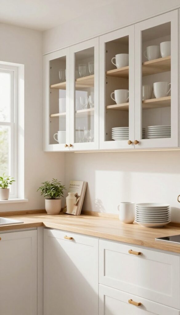 Kitchen with glass-front cabinets and open shelving, displaying white dishes and a plant, under warm lighting.