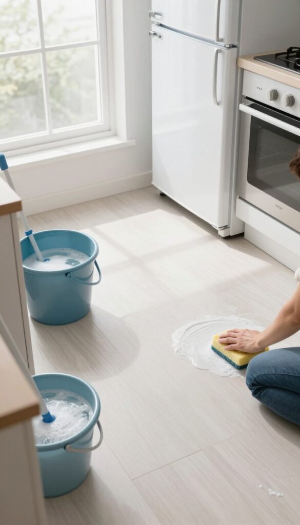 Person scrubbing kitchen floor under refrigerator with sponge and bucket