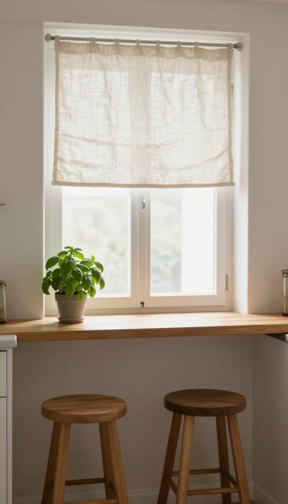 Window-sill bar with narrow wooden shelf, backless stools, herb pot, and linen curtain in a small kitchen.