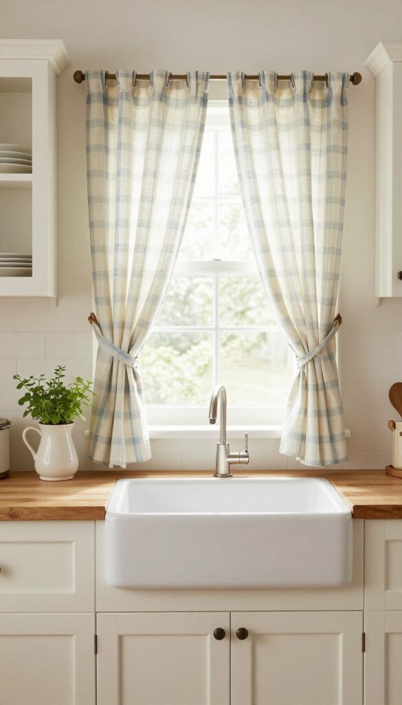 Cozy farmhouse kitchen window with linen cafe curtain in gingham pattern above sink, natural light, warm country decor