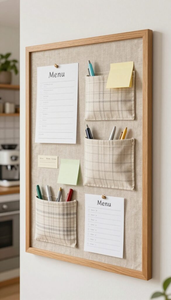 Framed fabric bulletin board with pockets in a cozy kitchen, holding notes and pens, with natural light and greenery.