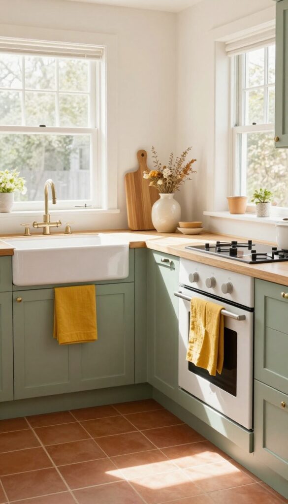 Cozy kitchen with terracotta runner, sage rug, and colorful dish towels