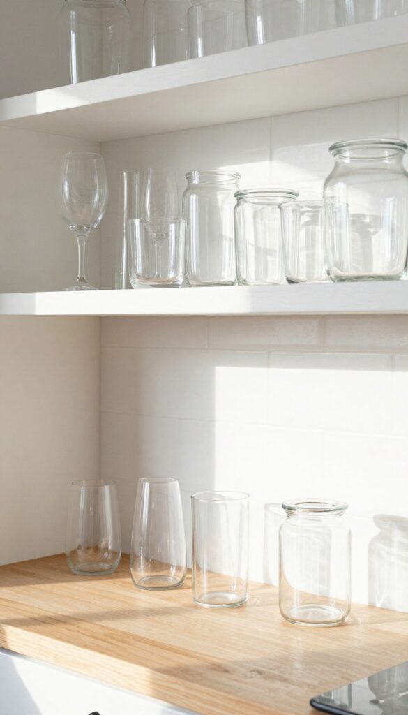 Clear glassware arranged on an open kitchen shelf, catching light and creating sparkles in a bright, airy kitchen.