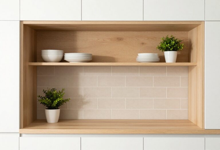 Modern kitchen with a styled wall niche featuring white dishes and a plant