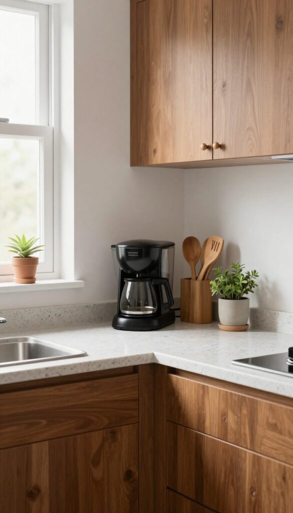 Clutter-free kitchen countertops with brown cabinets, coffee maker, utensil crock, and plant in natural light