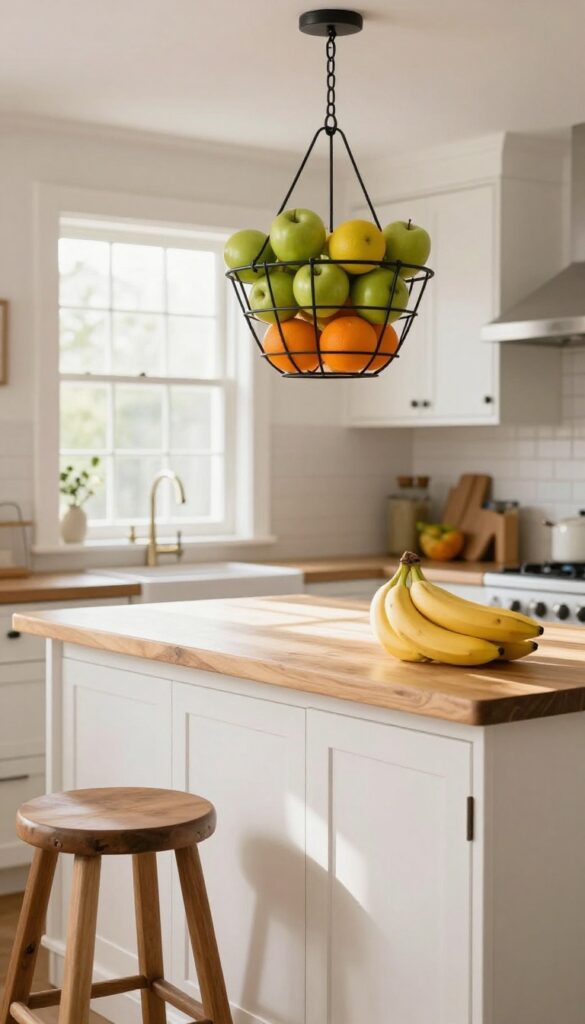 Hanging fruit basket from ceiling in bright farmhouse kitchen with apples, oranges, and bananas