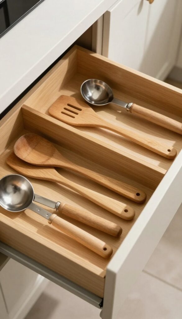 Neatly organized kitchen drawer with bamboo dividers and utensils in warm natural light