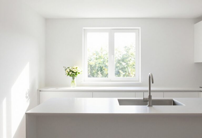 Bright clean kitchen with fresh flowers on countertop
