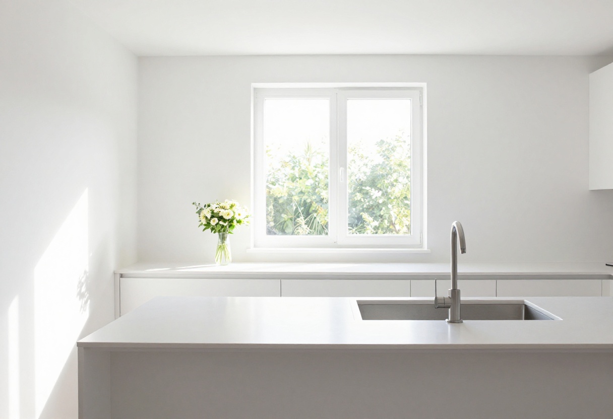 Bright clean kitchen with fresh flowers on countertop