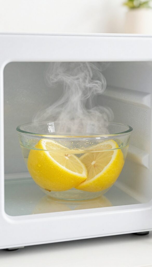 Microwave interior with steam from lemon water in a glass bowl, condensation on walls, bright natural light