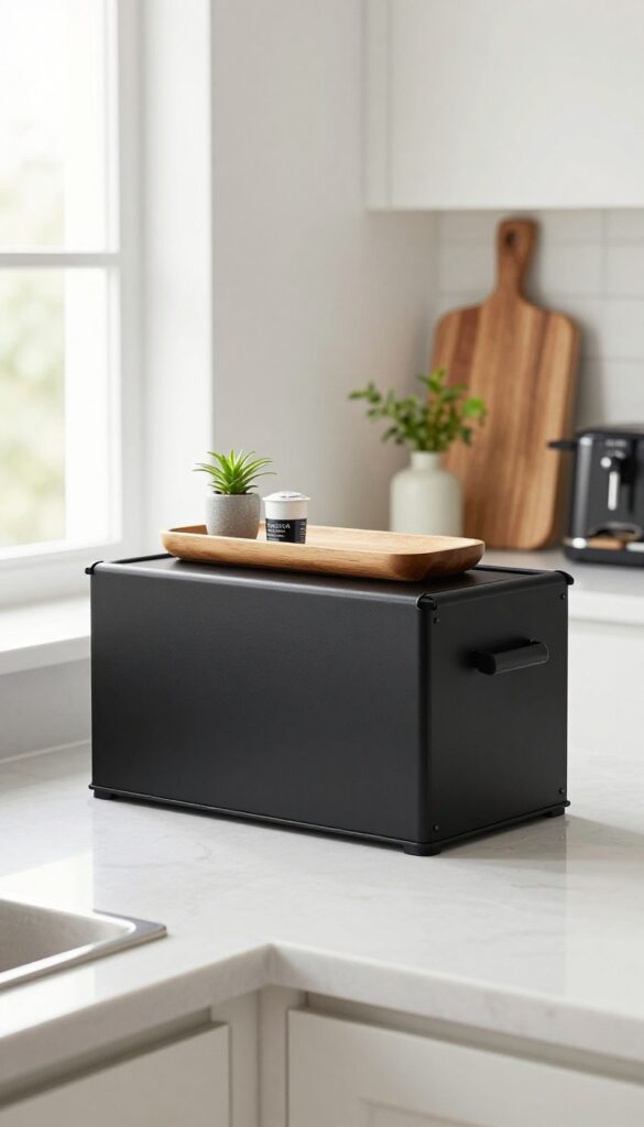 Modern farmhouse kitchen counter with a matte black bread box, coffee maker, toaster, and a small tray with coffee pods and fresh herbs.