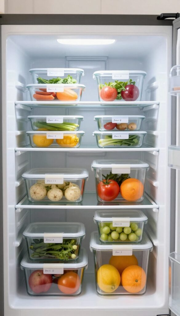 Open fridge with labeled containers showing contents and dates, organized and fresh.