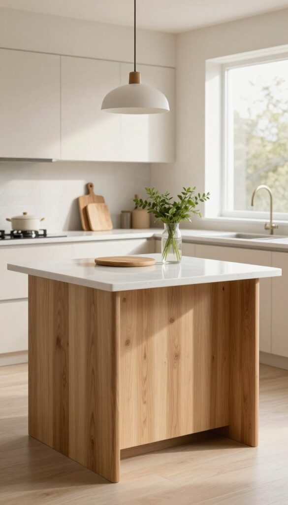 Kitchen island with tapered walnut legs, white quartz countertop, open shelving, and mid-century pendant light in bright natural light