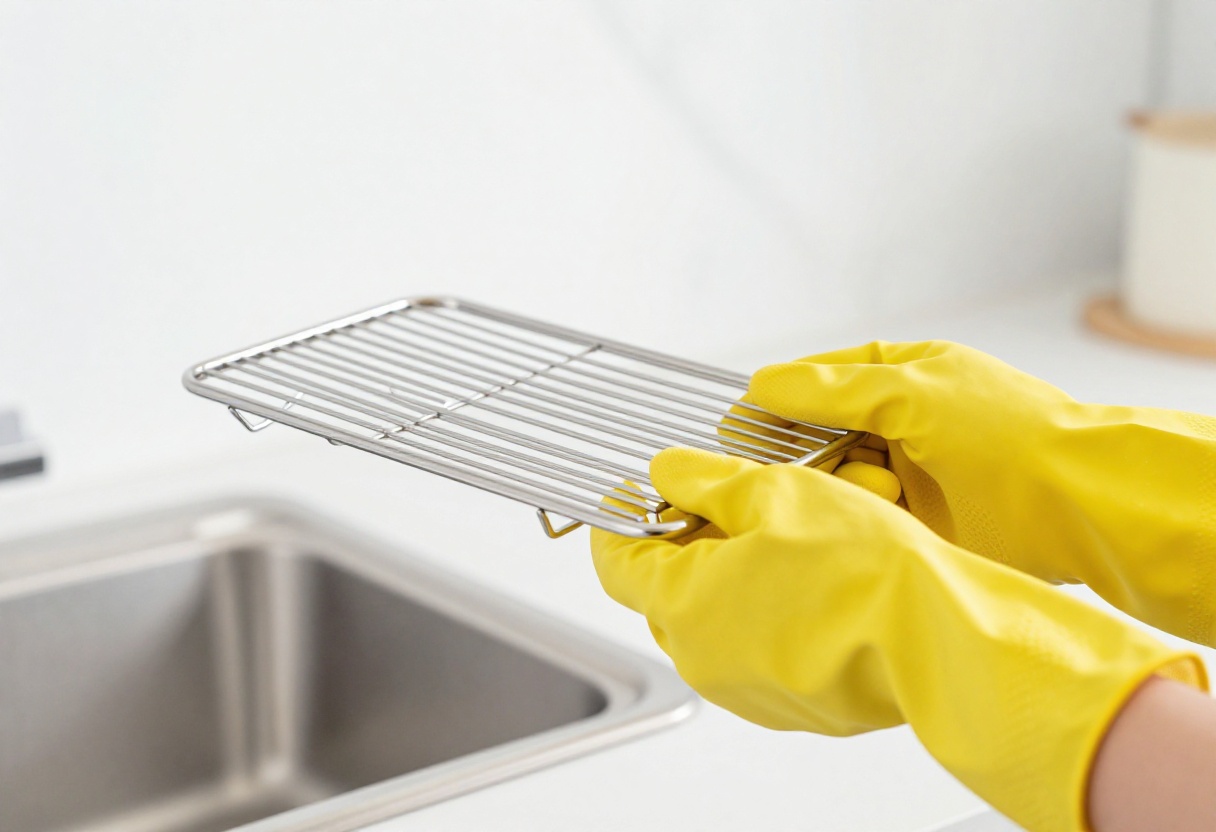 Hand holding a sparkling clean oven rack with no burnt grease