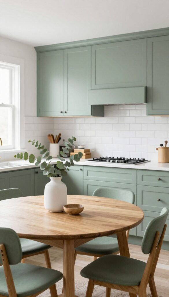 Eat-in kitchen with sage green cabinets and matching dining chairs, cohesive color palette, bright natural light.