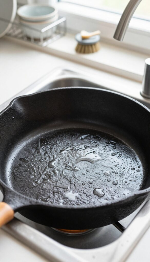 Hand washing a cast iron skillet in the sink with a brush and warm water.