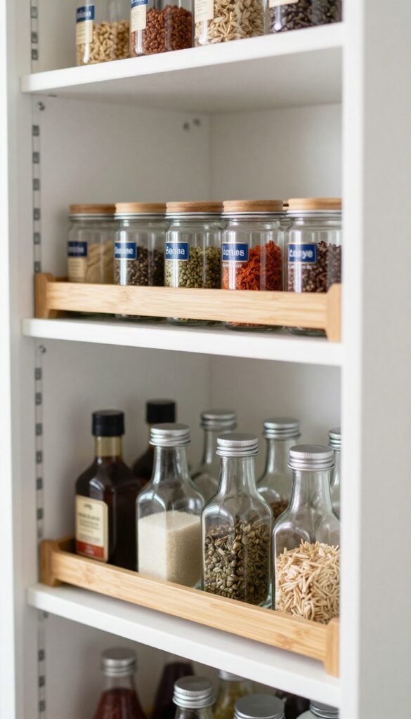 Tiered turntable on deep pantry shelf with organized spice jars and bottles