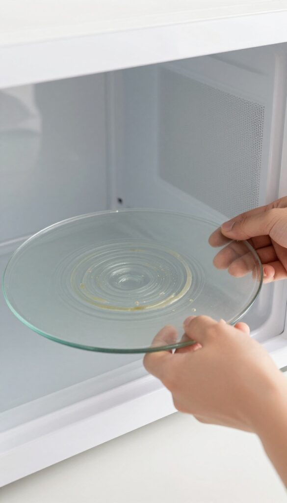 Hands removing a glass turntable from a microwave for cleaning