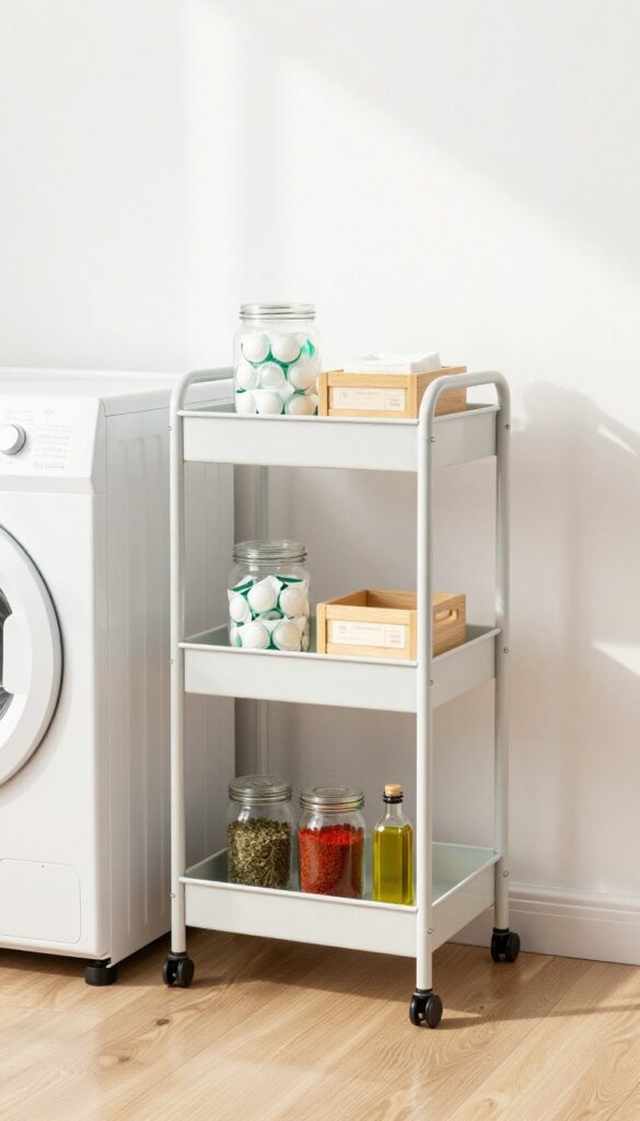 Slim rolling cart between washer and wall holding laundry supplies and spices