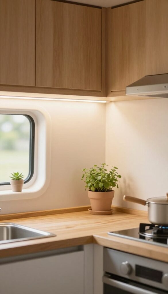 Under-cabinet LED strip lighting in a campervan kitchen, warm glow on countertop with herbs and cutting board
