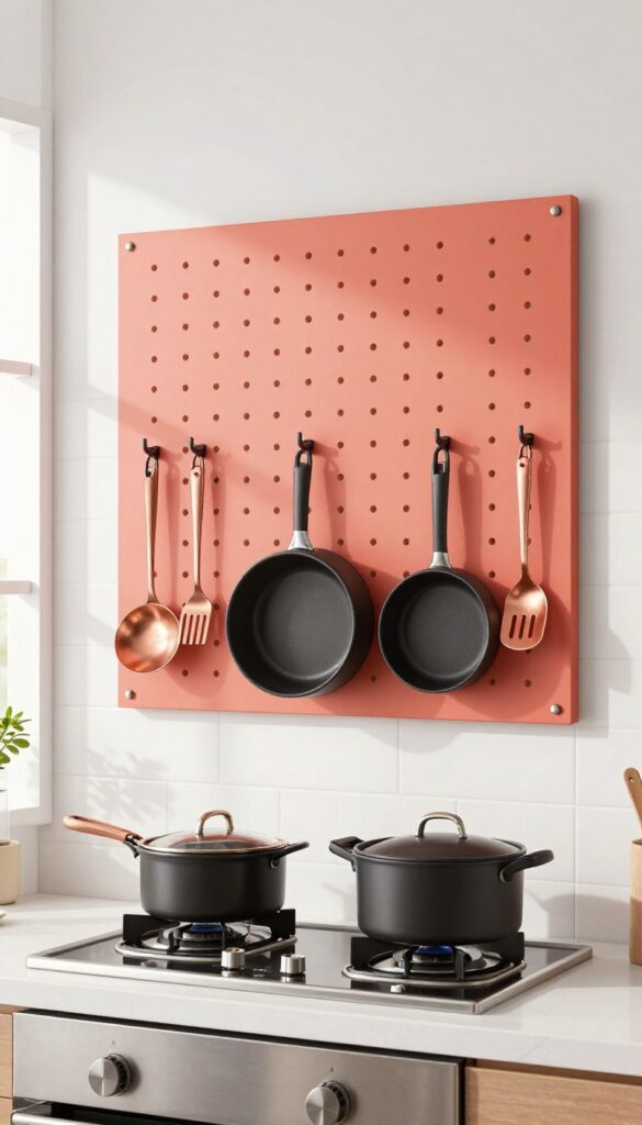 Bright kitchen with coral pegboard wall holding black pots and pans, copper utensils, white tile backsplash, natural light.
