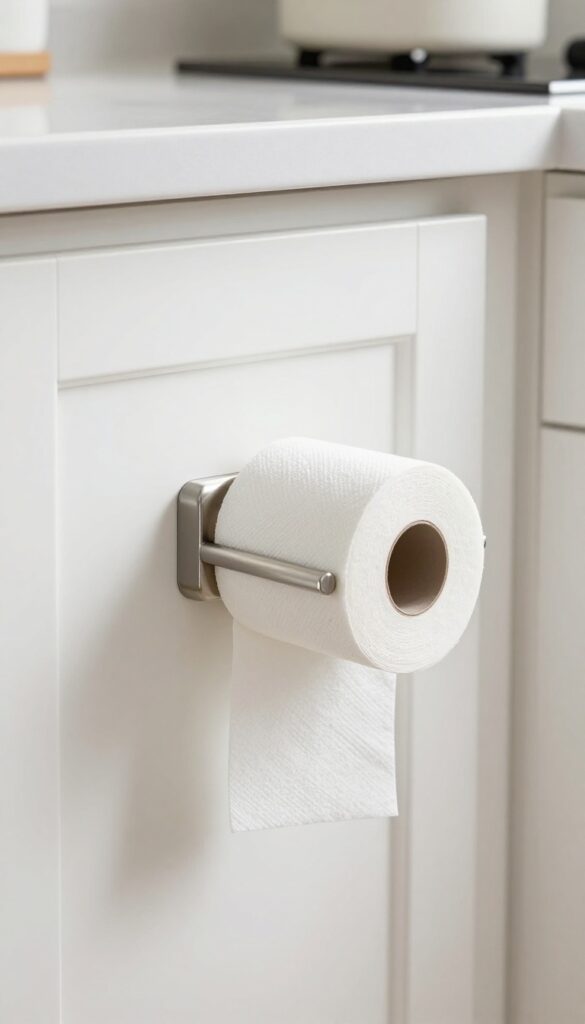 Paper towel holder mounted on the end of a kitchen cabinet