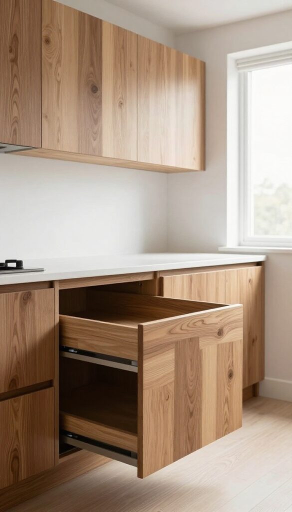 Rustic modern kitchen with dark wood lower cabinets and light wood upper cabinets, featuring a pull-out cutting board and knife storage.