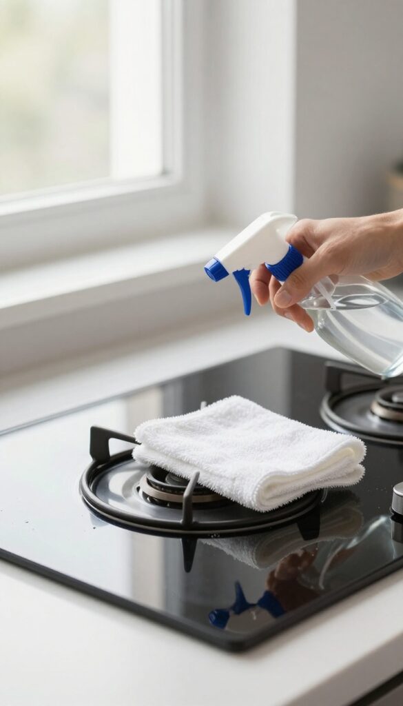 Clean glass stovetop with glass cleaner and microfiber cloth, streak-free shine