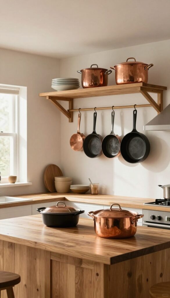 A cozy kitchen with a ceiling-mounted pot rack holding copper and black cookware over a wooden island, bathed in natural light.