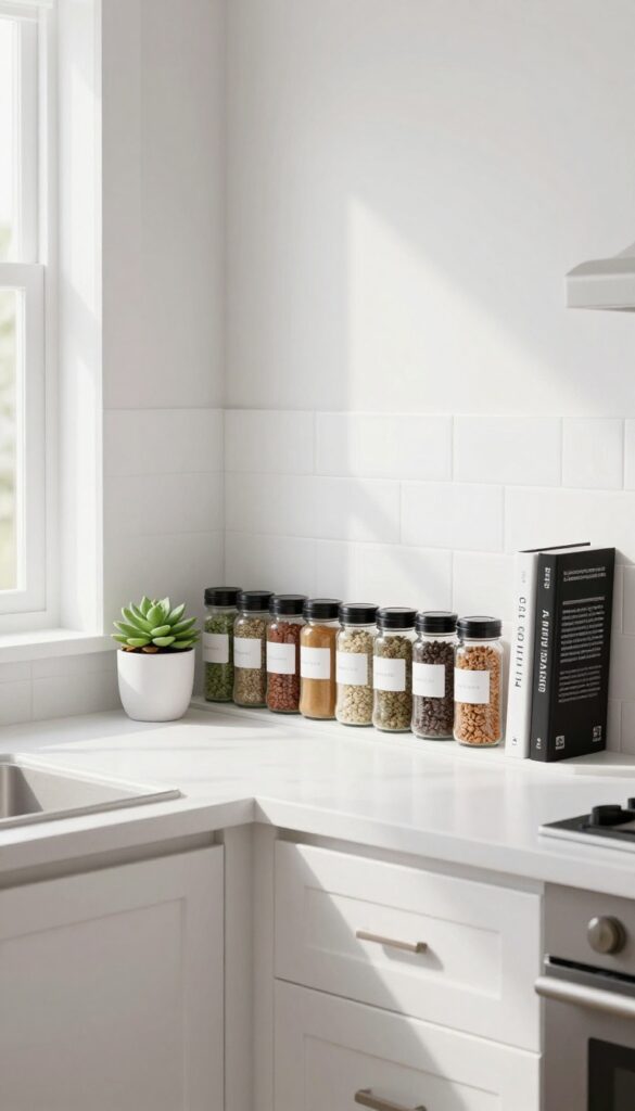 Narrow white picture ledge mounted on a blank kitchen wall, holding neatly arranged glass spice jars, a small succulent, and a slim cookbook, with natural light from a window.
