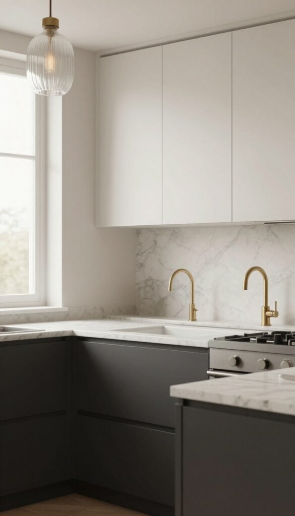 Modern kitchen with matte black and white cabinets, soft natural light, honed marble countertops, brass faucet, ribbed glass pendant light, textured backsplash.