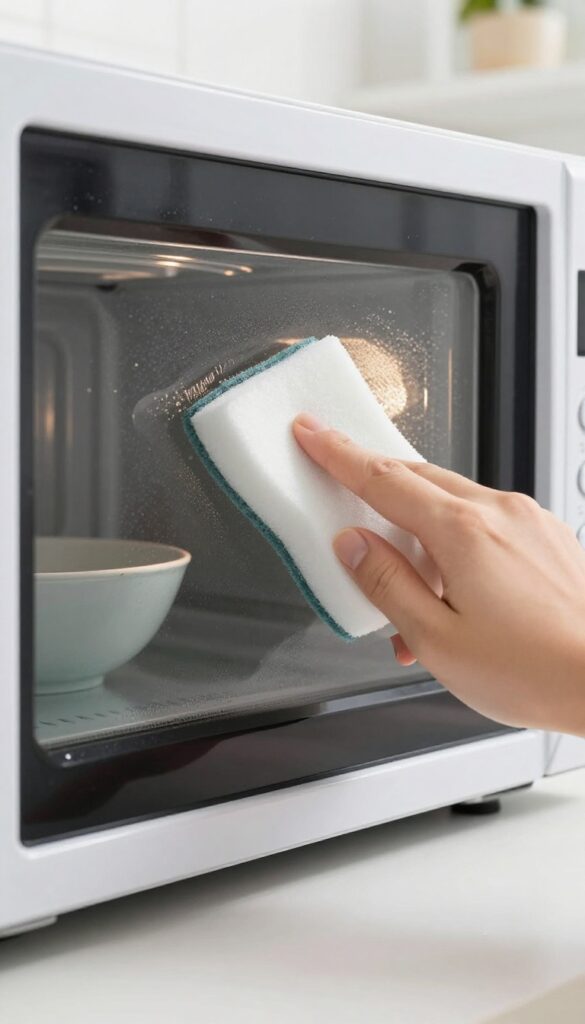 Hand wiping microwave ceiling with a long-handled sponge, clean interior, bright kitchen light