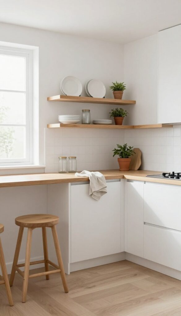 Open shelving in a small kitchen with white plates, glass jar, and a plant on warm wood shelves.
