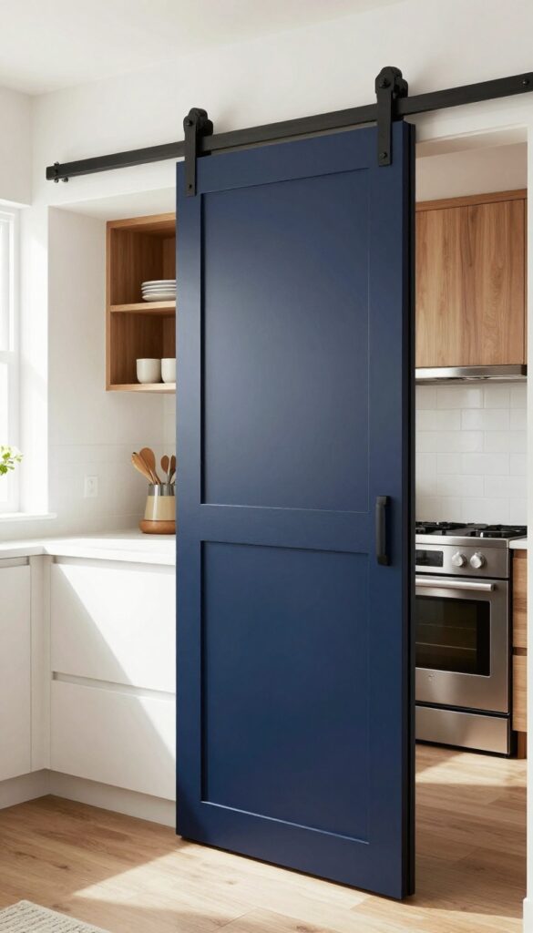 Modern kitchen with a navy sliding barn door revealing a pantry, white countertops, stainless steel appliances, and warm wood accents.