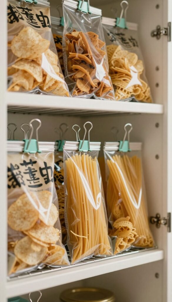 Binder clips sealing and hanging bags in a pantry