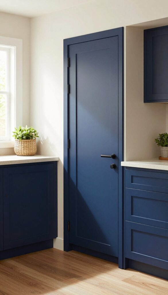 Kitchen with a bold navy blue pantry door as an accent, neutral surroundings, natural light, woven basket and plant nearby.