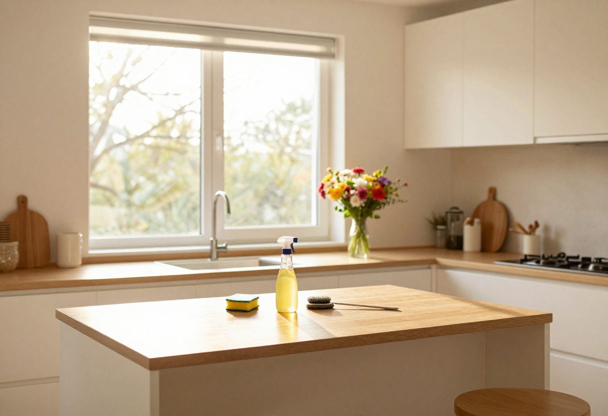 Bright clean kitchen with cleaning tools and fresh flowers on countertop