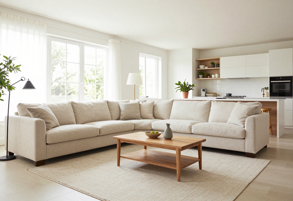 Open-concept living room and kitchen with neutral decor, rug, and plants.