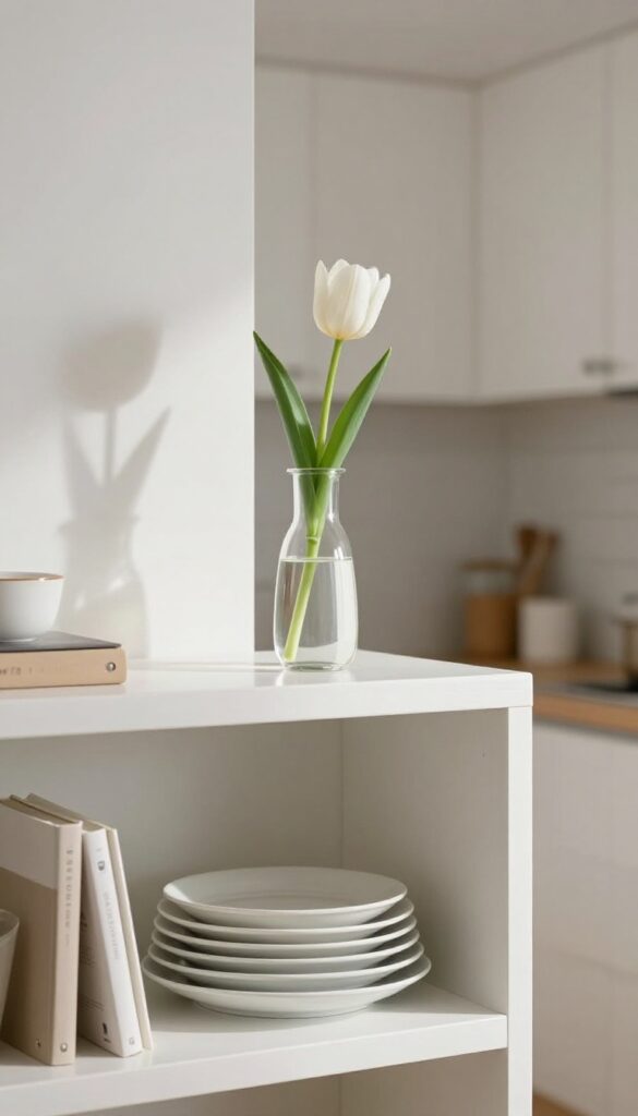 A single white tulip in a clear glass vase on a kitchen shelf, next to stacked plates and a cookbook, with soft natural light.
