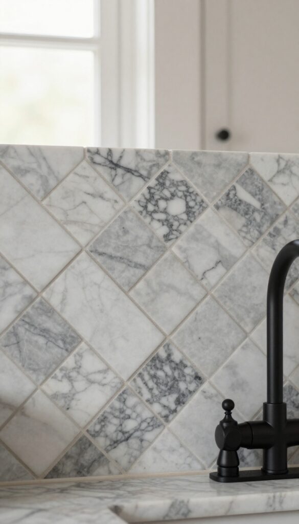 Black and white marble herringbone backsplash with warm grey grout and matte black fixtures in a bright kitchen