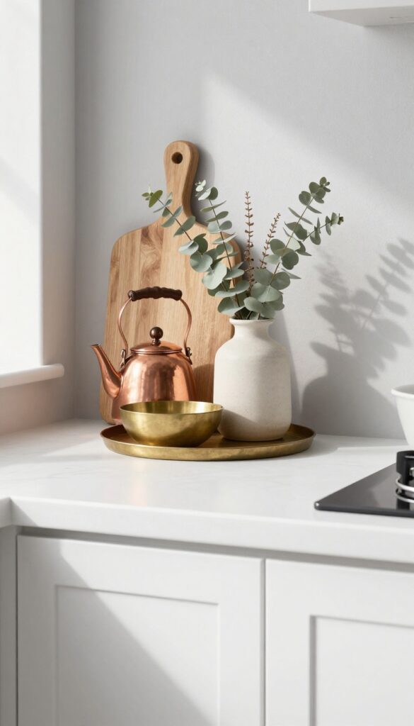 Above kitchen cabinet decor with copper and brass pieces on a tray, ceramic vase, and wooden cutting board in natural light.