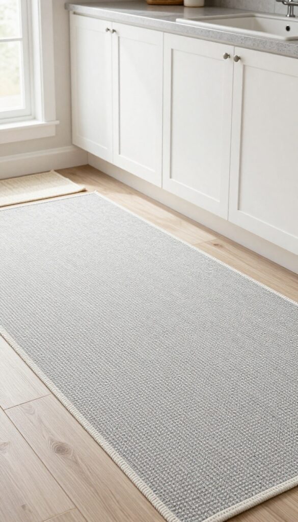 A natural fiber runner on a kitchen floor in front of white cabinets and grey countertops, with a small layered rug near the sink.