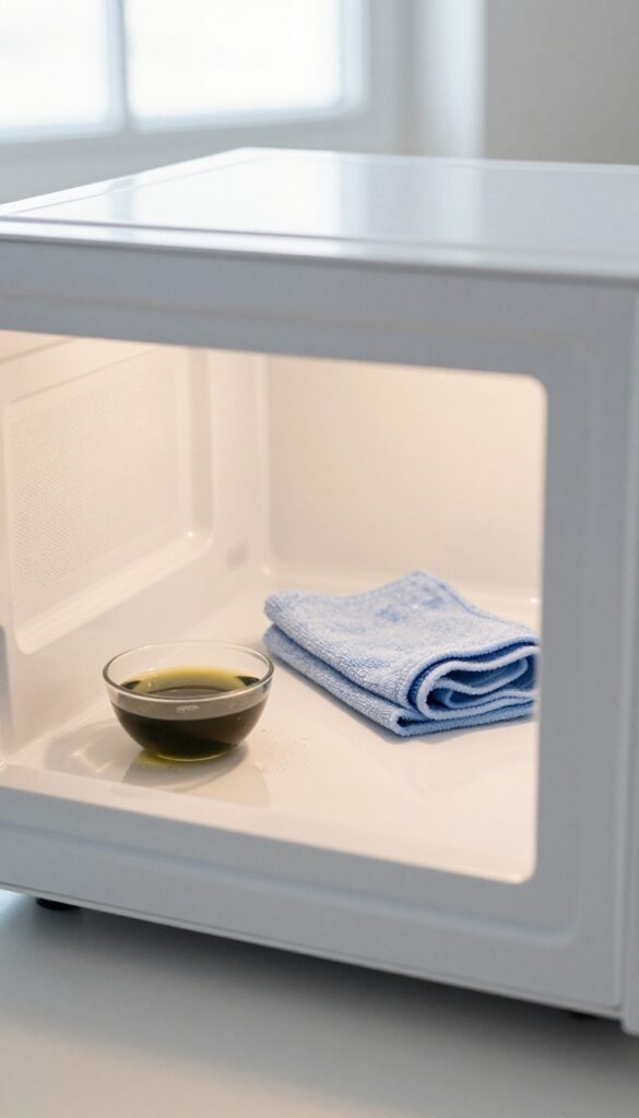 A damp microfiber cloth wiping the interior ceiling of a clean microwave, with natural light highlighting the spotless surface.