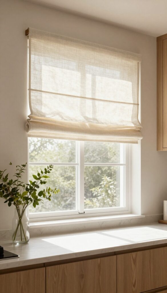 Minimalist kitchen window with cream linen roman shades, natural light, clean countertop, and greenery.