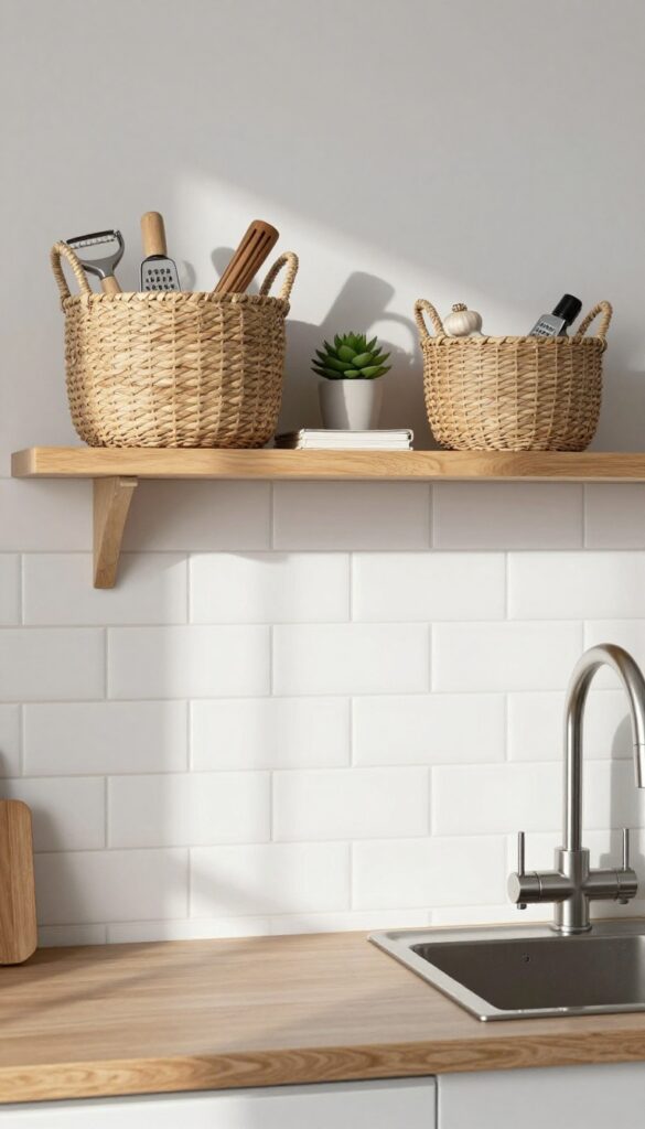 Open shelf with woven baskets storing kitchen gadgets, warm and organized kitchen decor.