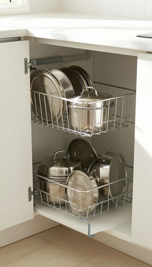 Deep kitchen cabinet with pull-out drawer system, neatly organized pots and pans, bright natural light, modern kitchen.