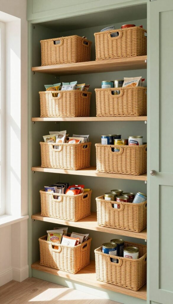 Pantry shelves with grouped items in colored baskets, natural light, tidy and organized