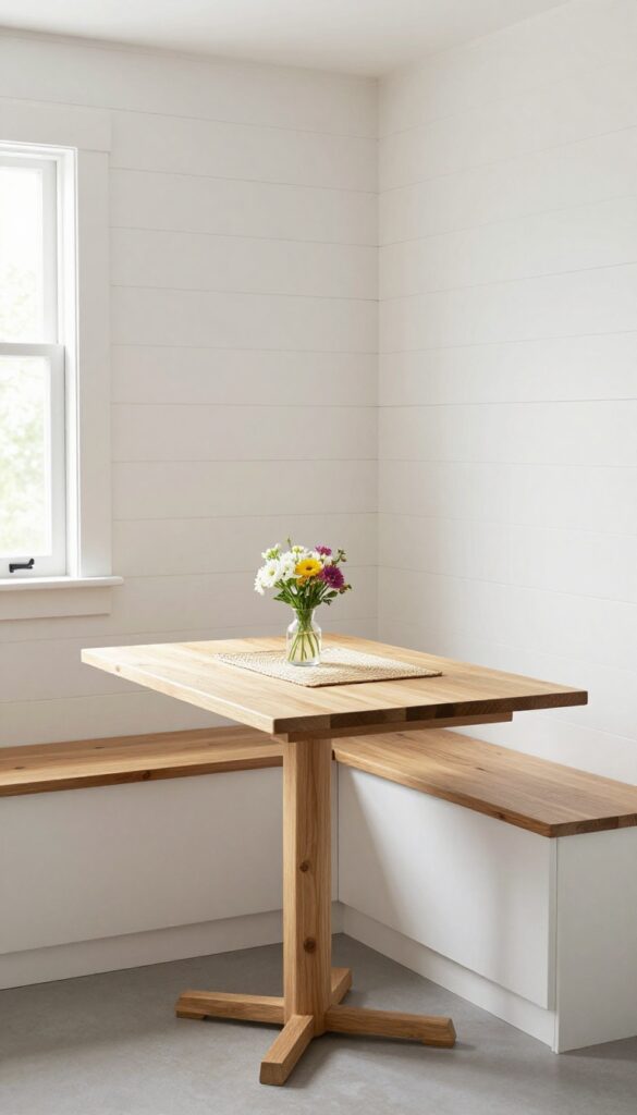 A cozy kitchen booth with a drop-leaf table in a bright, airy corner
